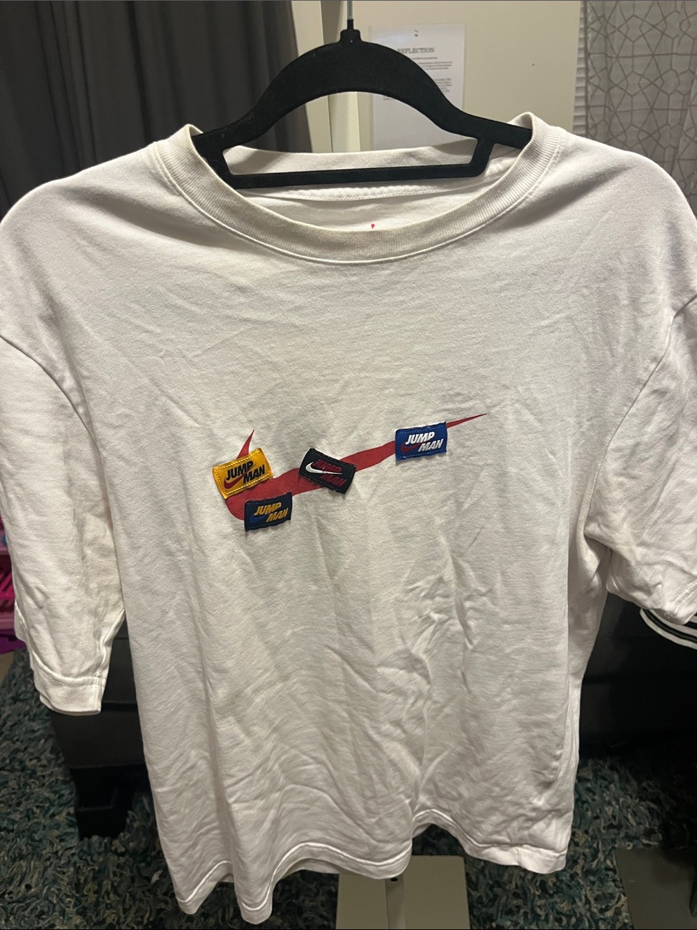 Nike White Short-Sleeve Tee with Red Swoosh and Multi-Color Jumpman Patches
